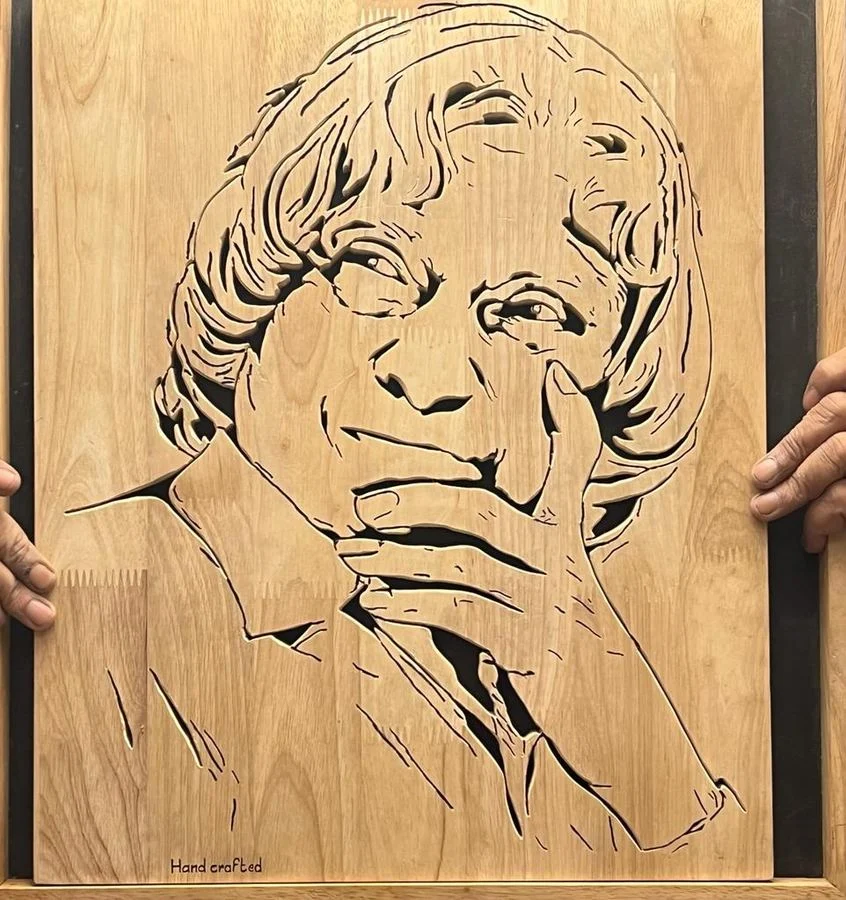 Dr A P J Abdul Kalam portrait, finished panel held up to the light