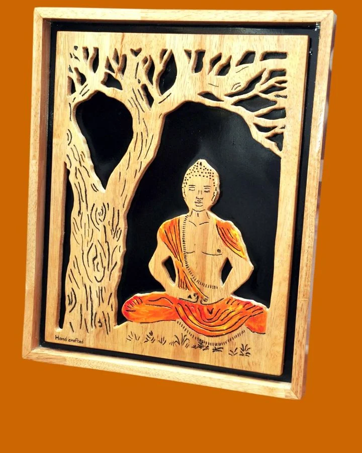 Hand-painted Buddha panel with a carved tree canopy