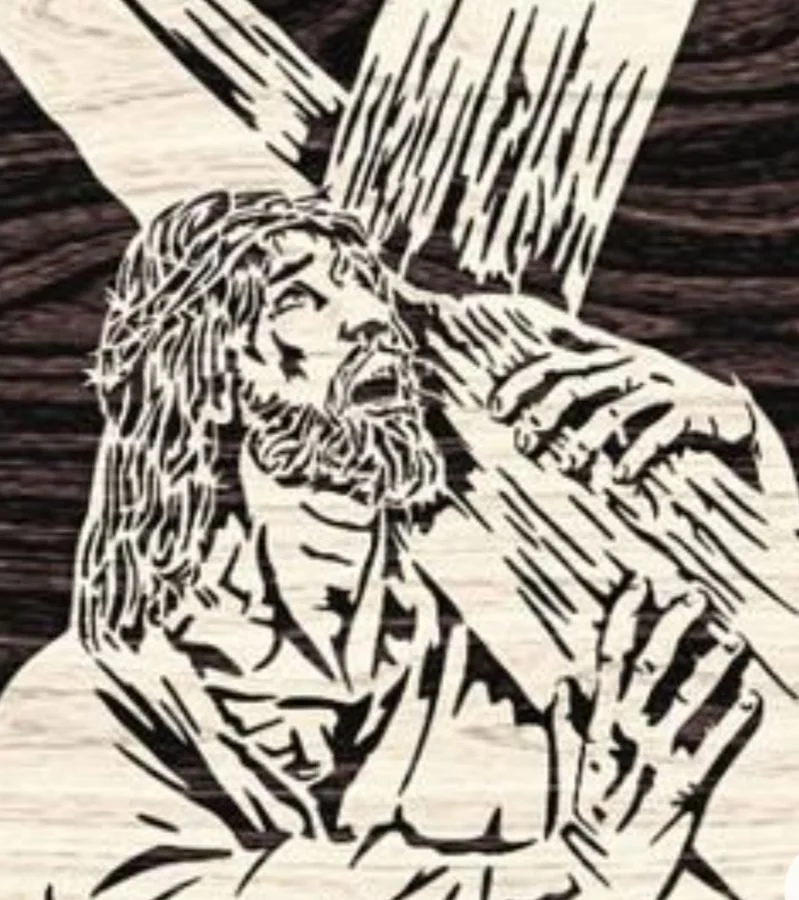 Christ carrying the cross, cut as a dense fretwork panel