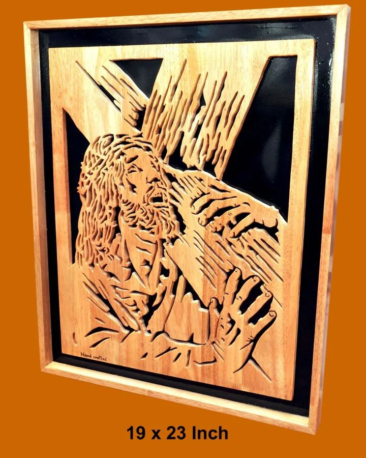 Christ carrying the cross, wood panel measuring 19 x 23 inches