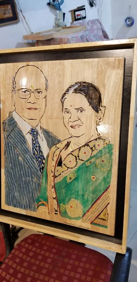 Hand-coloured couple portrait on a solid wood panel