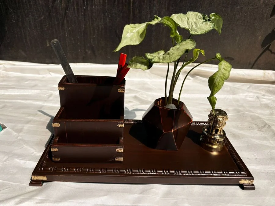 Wooden desk set with a faceted planter and pen stand