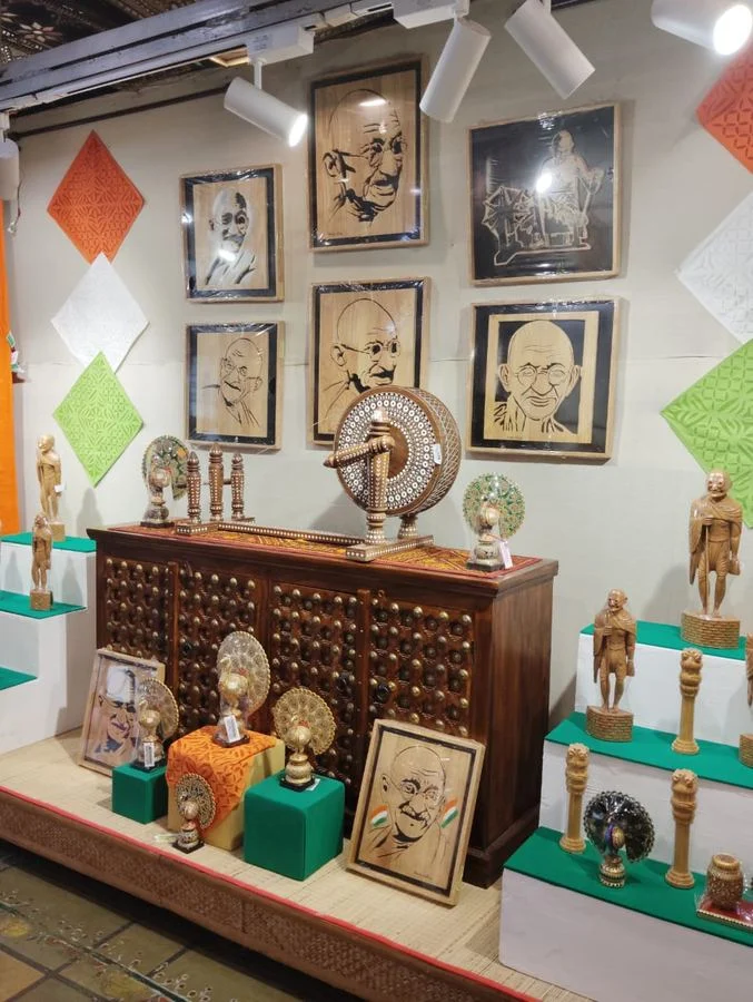 Framed wood panels on display in a retail emporium