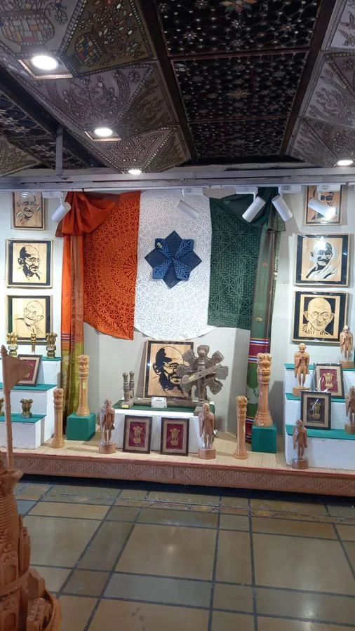 Gandhi panels on display, described by the artist as his Gandhis at the Government Cottage Emporium for 2 October