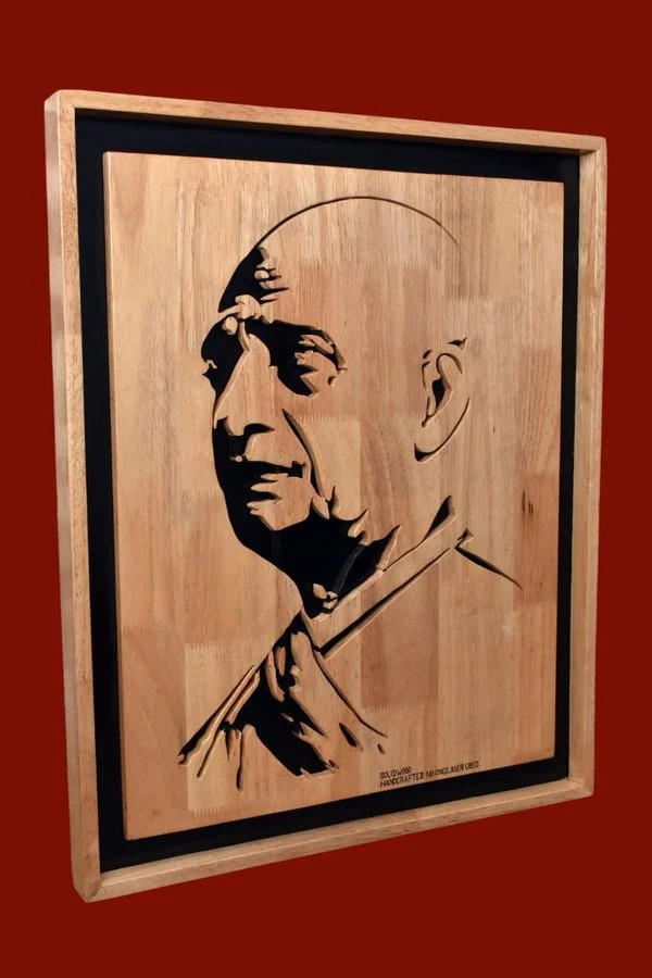Sardar Vallabhbhai Patel wood portrait in a light wooden frame