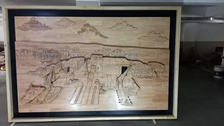 The Goa Shipyard mural laid flat, showing the layered aerial view