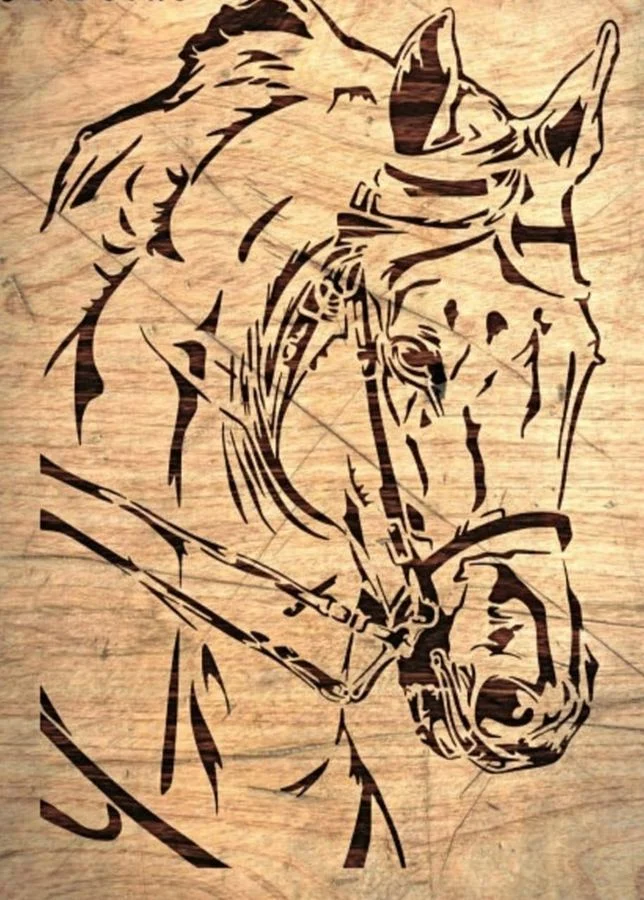 Horse study cut in wood with fine linear detail