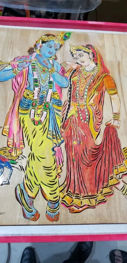 Hand-painted Radha Krishna panel in scroll-sawn wood