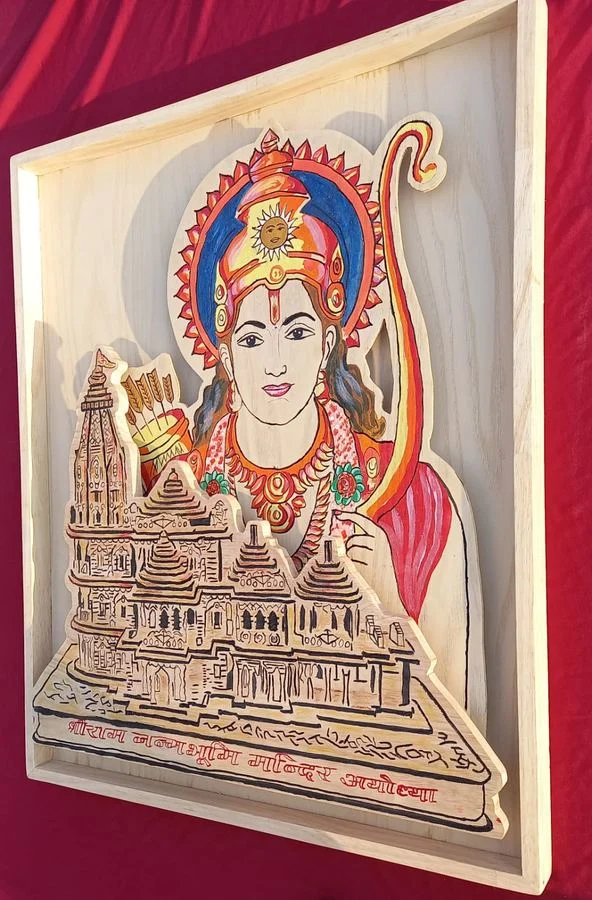 Layered Ram Mandir panel with hand-painted colour
