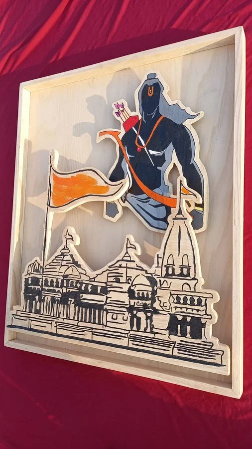 Temple panel with a raised figure and flag in layered wood