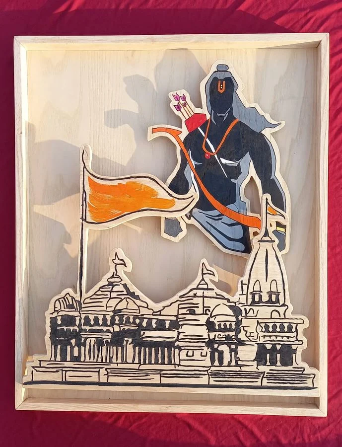 Hand-painted temple panel with a flag and raised figure