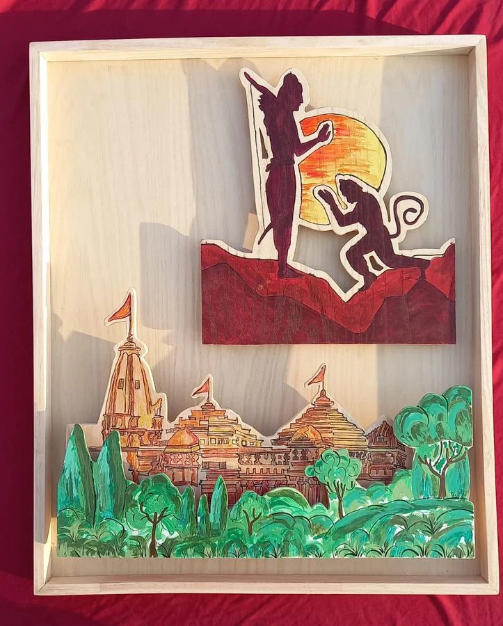 Hand-painted temple scene with landscape in layered wood