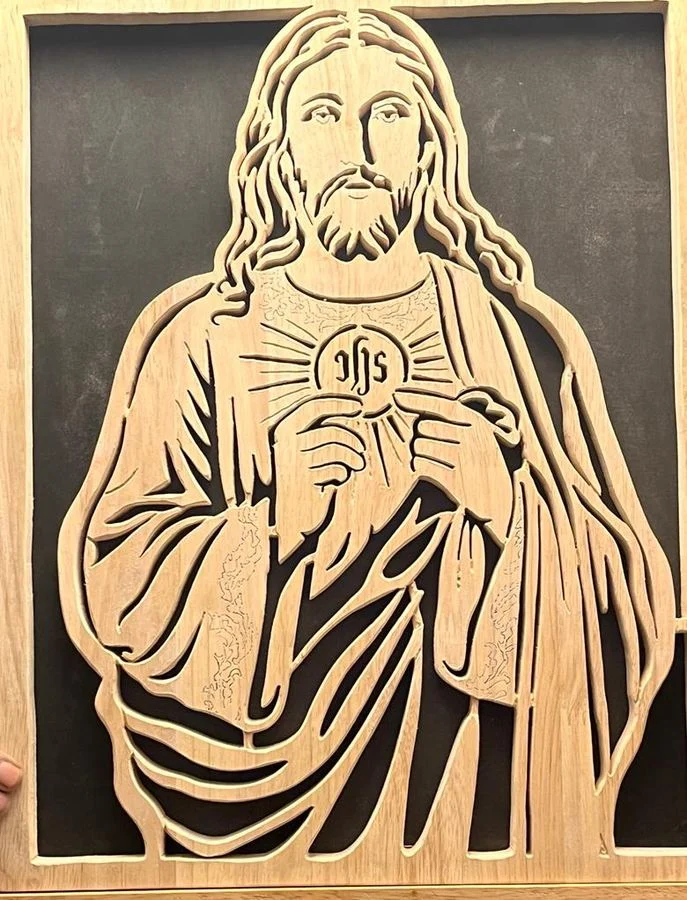 Sacred Heart of Jesus panel hand-cut in wood