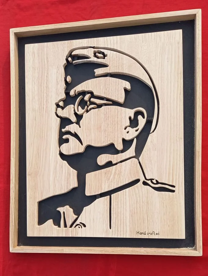 Subhas Chandra Bose portrait in uniform, cut in solid wood