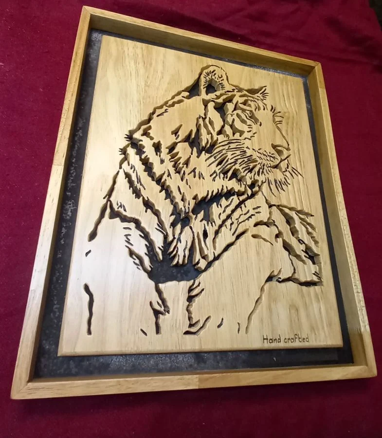 Framed tiger panel marked Hand crafted